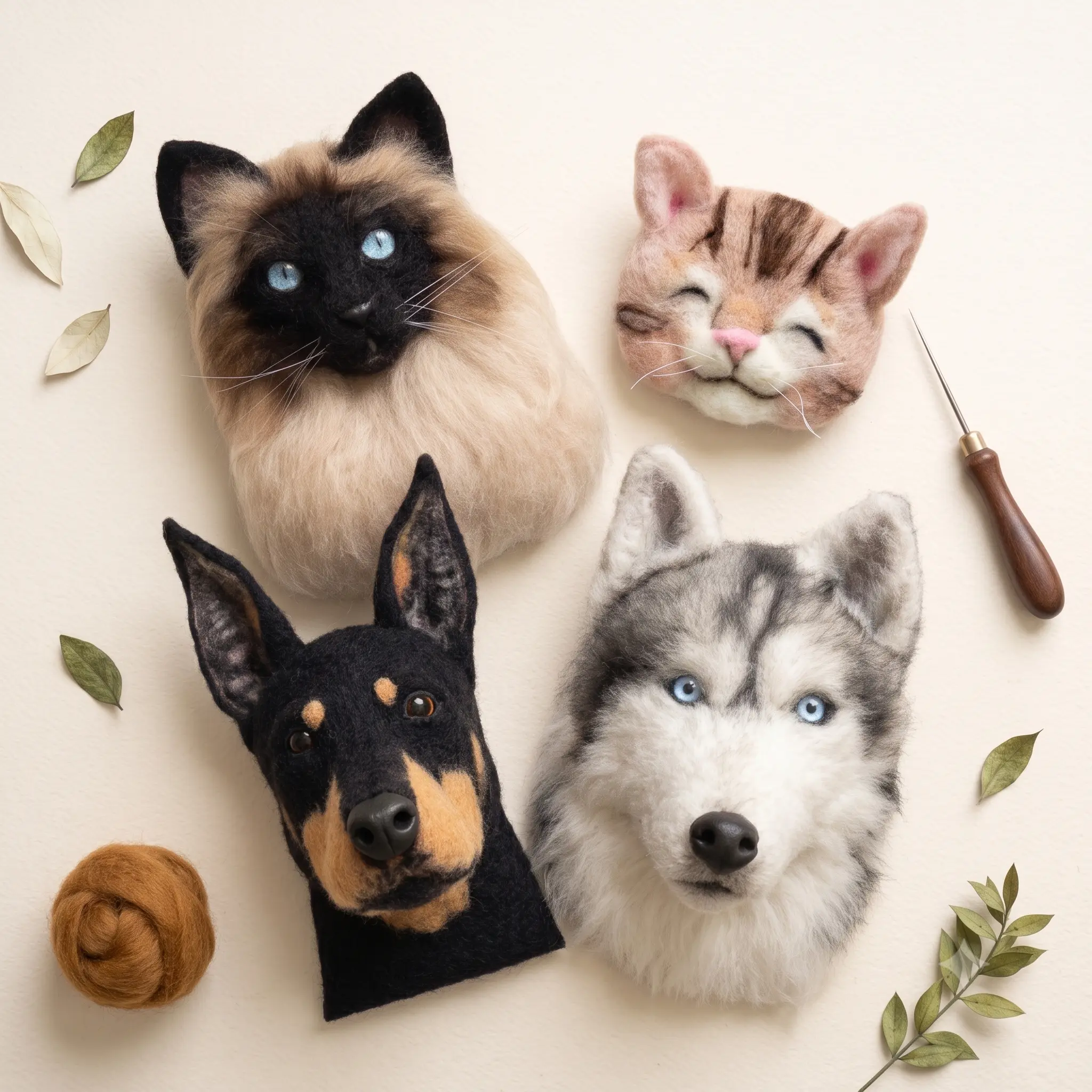 Retratos de pets em feltragem realista